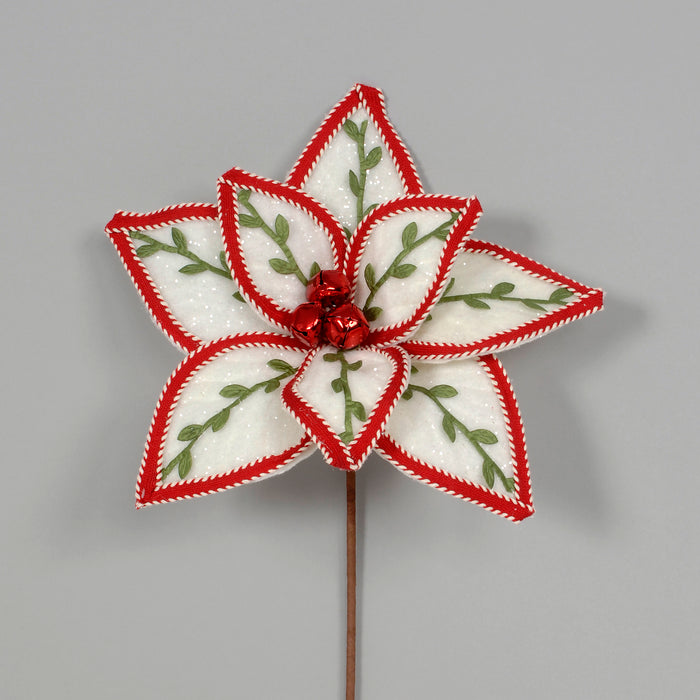 13" Felt Poinsettia Pick w/Leaf - White/Green
