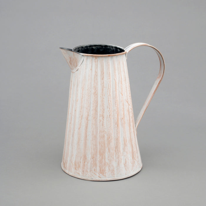 Metal Ribbed Pitcher Planter White Patana Outside/Galvanized Antique