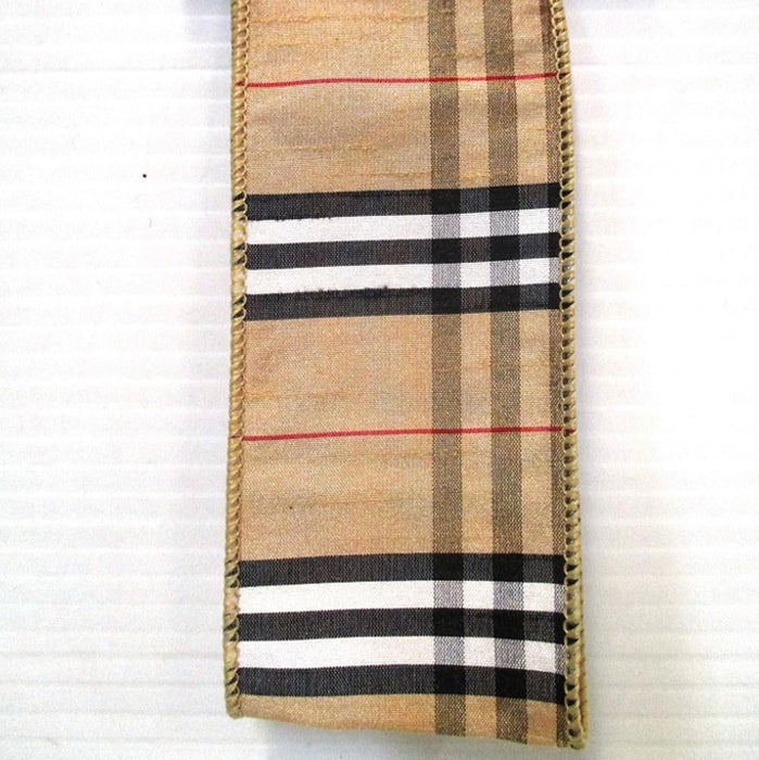 Dupion Plaid 2.5"X10Yd - Taupe/Black/White/Red
