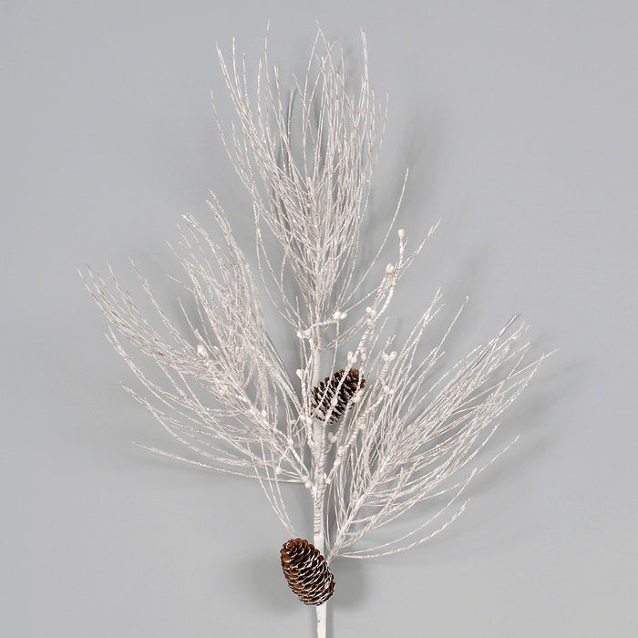 32"L Pe Glittered Needle Pine Spray W/2 Painted Cones White