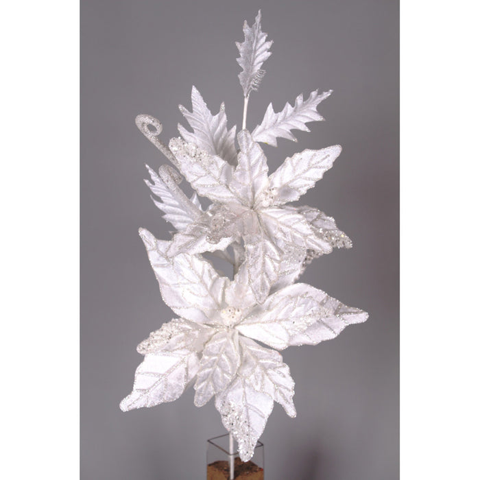 26" Velvet Glitter Poinsettia Swag - White