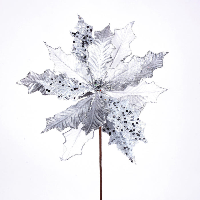 21" Velvet Sheer Sequin Poinsettia Stem - Platinum