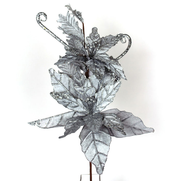 26" Velvet Glitter Poinsettia Spray - Platinum
