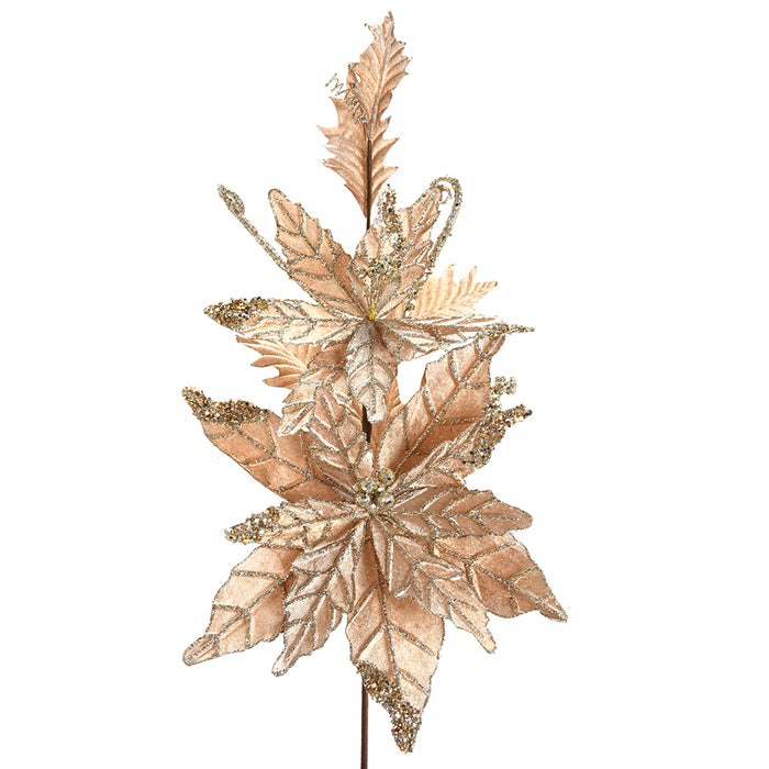 26" Velvet Glitter Poinsettia Swag - Taupe/Gold