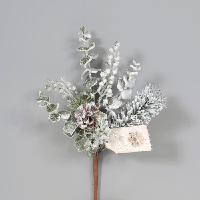 15"L Pe Needle Pine/Pinecone/ Euc/Foliage Pick W/Tag White