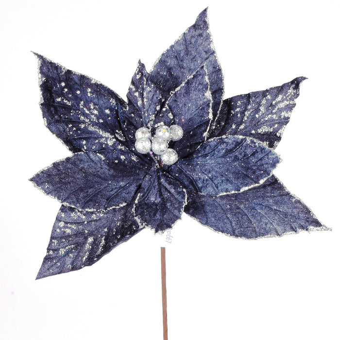 19" Velvet Glitter Embossed Poinsettia Pick - Charcoal
