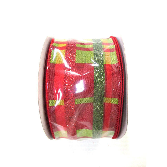 Dupion Glitter Check Ribbon - Red/Green