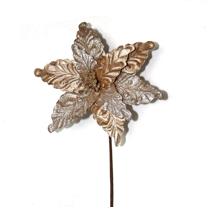 22" Glitter Poinsettia Velvet  Pick - Taupe/Platinum