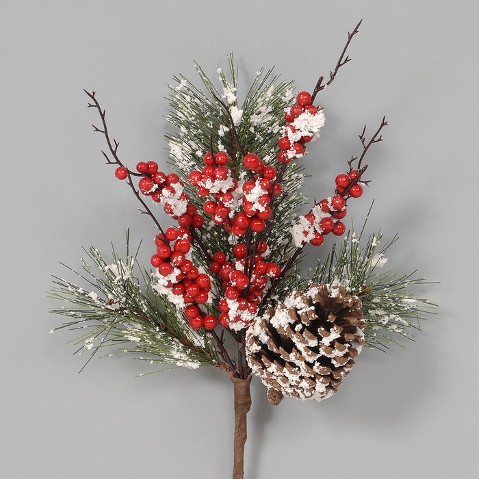 13" Snow Pine w/Cone & Berry Pick - Red/Green/Snow