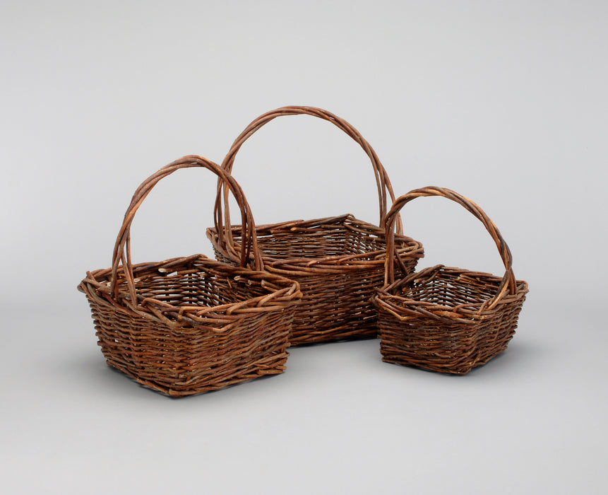 Set/3 Rectangle Unpeeled Full Willow Basket w/Handle - Natural