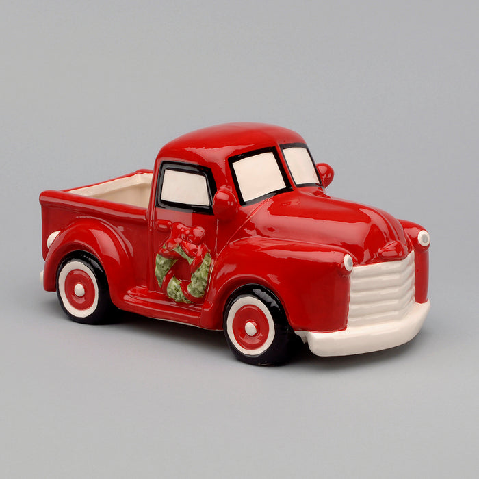 11-1/4"L X 5-3/4"W X 5-3/4"H Dolomite Pickup Truck Planter W/Wreath, Red