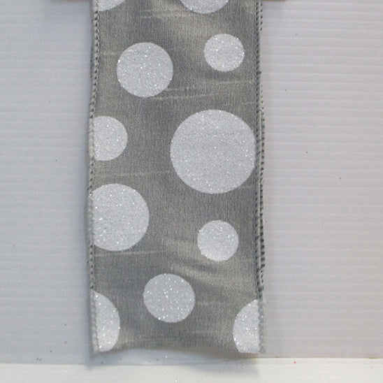 Dupion Glitter Polka Dot Ribbon -Platinum/White, 2.5" X 10Yd